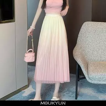 MOUKYUN градиент цвета женская длинная юбка летняя фея драпированная шифоновая юбка женская Y2k модная пляжная праздничная фатиновая юбка Faldas Mujer One Size чёрный