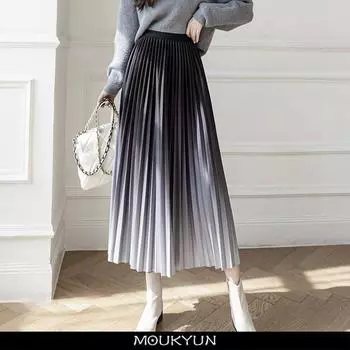 MOUKYUN градиентные плиссированные юбки для танцевальной вечеринки, эластичная женская плиссированная юбка с высокой талией, корейская мода, свободные длинные юбки до середины икры One Size синий
