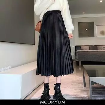 MOUKYUN, хлопковая плиссированная длинная юбка, женская повседневная эластичная талия, Faldas, корейская мода, женские свободные юбки-зонтики до середины икры One Size абрикосовый