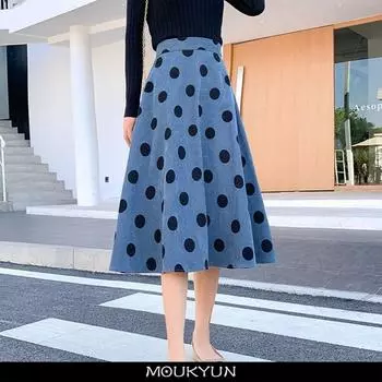 Юбки в горошек с высокой талией, женские весенние корейские французские элегантные юбки, женские ретро-юбки вельвета Хепберн миди А-силуэта M синий