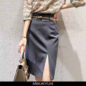MOUKYUN Юбки женские Faldas Moda Free Belt Юбка с высокой талией Женские юбки Тонкая серая юбка-карандаш Женская сексуальная юбка с разрезом 36 чёрный
