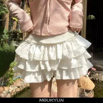 Kawaii юбка в стиле Лолиты, шорты, женские летние лоскутные многослойные шорты с рюшами и высокой талией, милые балетные шорты, юбка-пачка One Size белый