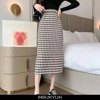 MOUKYUN клетчатая шерстяная юбка женская с высокой талией весенняя корейская ретро юбка-миди с разрезом модная женская облегающая юбка на бедрах 36 чёрный