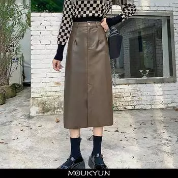 MOUKYUN кофейная юбка из искусственной кожи с высокой талией, женская модная тонкая кожаная юбка Faldas, женская однотонная юбка трапециевидной формы, офисные женские юбки миди с разрезом 38 чёрный