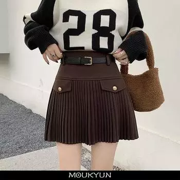MOUKYUN консервативный стиль коричневые плиссированные трапециевидные танцевальные мини-юбки женские весенние корейские с высокой талией и карманами пышная короткая юбка