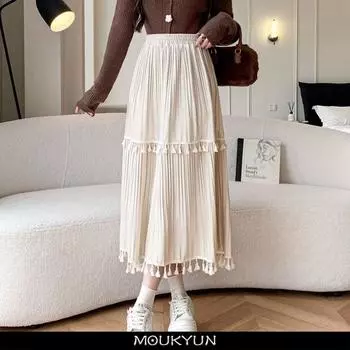 MOUKYUN, корейская кружевная длинная юбка, женская винтажная милая свободная юбка с высокой талией Fairycore, лоскутная юбка трапециевидной формы с кисточками Mori Girl, осень M кофейный