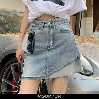 MOUKYUN, корейская модная джинсовая юбка, летние женские джинсовые мини-юбки Y2K, женские облегающие короткие юбки с высокой талией в стиле Харадзюку, Faldas 34 светло-синий