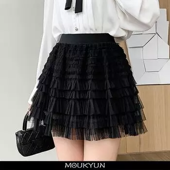 MOUKYUN, корейская модная газовая мини-юбка с высокой талией, женская весенняя милая короткая юбка трапециевидной формы, женская кавайная фатиновая черная юбка One Size хаки