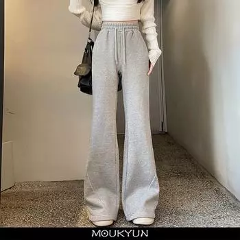 MOUKYUN, корейские модные флисовые спортивные штаны, женские базовые серые брюки-клеш Y2K, винтажные зимние теплые черные брюки-клеш большого размера, брюки