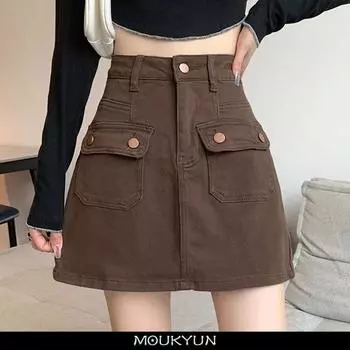 MOUKYUN Корейский стиль Мини-юбка с высокой талией Женская мода Короткие юбки-кюлоты Лето Y2K Уличная одежда Юбки-карго с большими карманами 36 чёрный