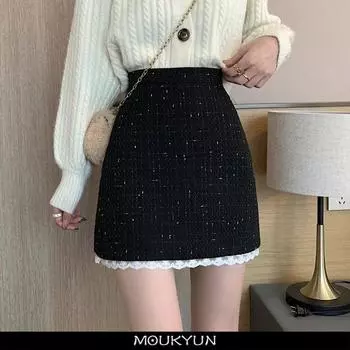 MOUKYUN, кружевная лоскутная юбка, женская мини-юбка в консервативном стиле с высокой талией, летняя женская повседневная универсальная женская элегантная короткая юбка 34 чёрный