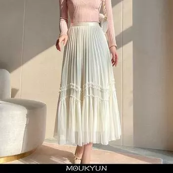 MOUKYUN, кружевная сетчатая плиссированная юбка миди с рюшами, женская весенняя юбка трапециевидной формы с высокой талией, женские однотонные длинные юбки с зонтиком