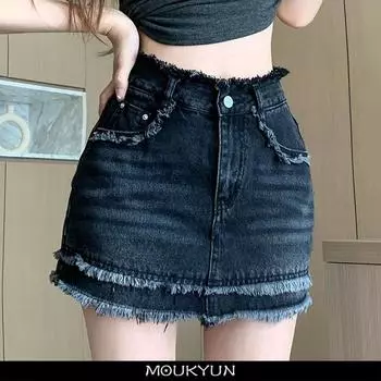 MOUKYUN/летняя джинсовая юбка в стиле ретро с высокой талией, женские потертые тонкие сексуальные джинсовые юбки трапециевидной формы, женские юбки с запахом, уличная одежда Faldas 36 чёрный