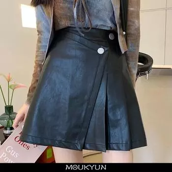 Летние кожаные юбки женские корейские модные винтажные короткая юбка из искусственной кожи OL женская повседневная плиссированная мини-юбка А-силуэта с высокой талией S чёрный