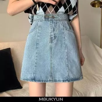 MOUKYUN/летняя женская джинсовая мини-юбка большого размера, джинсовая юбка с высокой талией, женские свободные корейские модные синие хлопковые юбки трапециевидной формы 50 чёрный