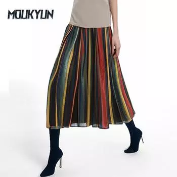 MOUKYUN Летняя женская юбка-трапеция с высокой талией в цветную полоску, винтажная длинная юбка-миди с большим качелями Fladas One Size