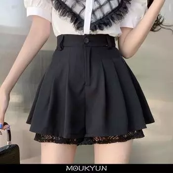 MOUKYUN Лолита стиль сладкий черный кружевной отделкой Высокая талия мини-юбка шорты женские Harajuku корейская мода Kawaii плиссированные шорты 36 чёрный