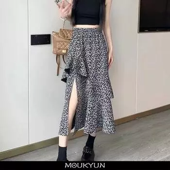 MOUKYUN модная длинная юбка с цветочным принтом для женщин, элегантная эластичная юбка-миди с высокой талией, женская нерегулярная трапециевидная юбка Faldas One Size белый