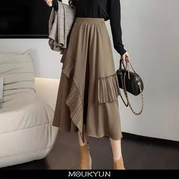 MOUKYUN, нерегулярная юбка с рюшами, женская средняя и длинная тонкая трапециевидная свободная эластичная талия, вечерние лоскутные юбки, весенние Faldas One Size чёрный