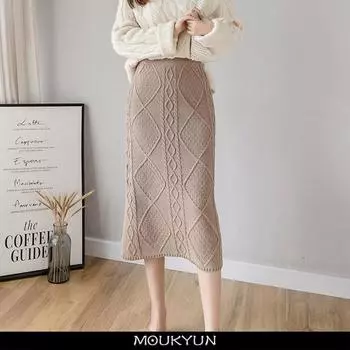Зимние женские ретро-юбки в ромбическую клетку, вязаные крючком, корейская мода, высокая талия, узкая длинная юбка, женские фалды One Size чёрный