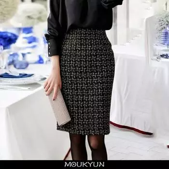 MOUKYUN осень-зима женская твидовая юбка офисная женская средней длины с высокой талией деловая клетчатая элегантная сумка хип-юбка на один шаг XXXL чёрный