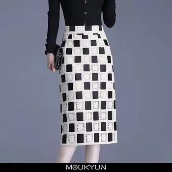 MOUKYUN/Осенне-зимняя элегантная модная юбка в стиле Харадзюку, повседневная универсальная женская клетчатая юбка с высокой талией и цветочным принтом XXXL чёрный