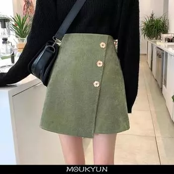 MOUKYUN, осенне-зимняя новая короткая юбка трапециевидной формы в полоску с лепестками и пуговицами нестандартной формы, женская внутри с защитными брюками S зелёный