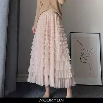 MOUKYUN, осеннее сетчатое пышное длинная юбка в Корейском стиле, элегантное винтажное бальное платье с эластичной резинкой на талии и высокой талией, газовая тюлевая юбка One Size чёрный