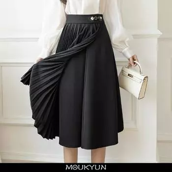 MOUKYUN плиссированная юбка женская уличная однотонная высокая талия минимализм OL стильная одежда элегантные наряды длиной до колена женские юбки 36 чёрный