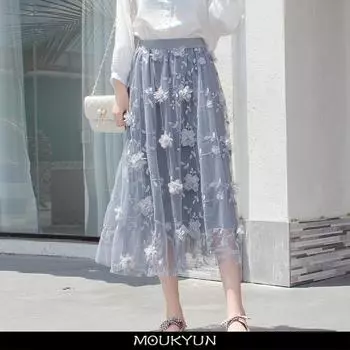 Роскошные женские юбки корейской моды эластичная талия вышитая цветочная кружевная сетчатая юбка длинная газовая бальная юбка Faldas OneSize серый