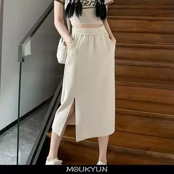 MOUKYUN с высокой талией и разрезом, женские юбки трапециевидной формы, милые универсальные корейские модные летние повседневные юбки, темпераментные женские Faldas S бежевый