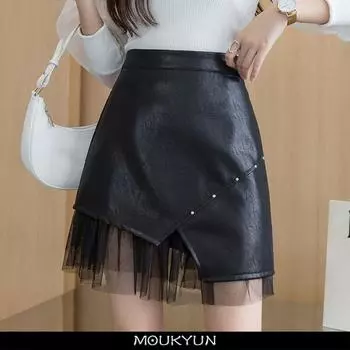 MOUKYUN сетчатая юбка из искусственной кожи, женская летняя корейская мини-юбка трапециевидной формы с высокой талией, женская облегающая лоскутная крутая юбка в стиле панк Faldas 36 чёрный