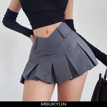 MOUKYUN сексуальные плиссированные юбки с v-образной талией, летние милые эстетические мини-юбки трапециевидной формы с микро-высокой талией Y2k, уличная одежда в стиле Харадзюку XS чёрный