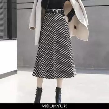 Шерстяные юбки миди с рисунком «гусиная лапка», женские корейские офисные длинные юбки А-силуэта с поясом, элегантные длинные клетчатые юбки для женщин, Faldas L чёрный