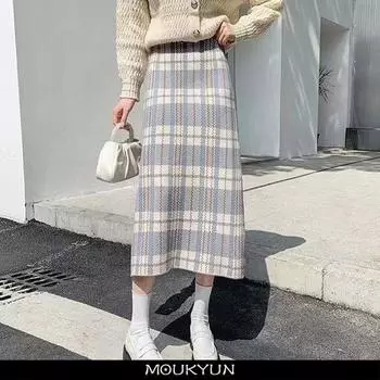 MOUKYUN шерстяные женские юбки, осенние винтажные клетчатые макси-юбки-карандаши, весенние женские Faldas, женские корейские элегантные облегающие длинные юбки One Size чёрный