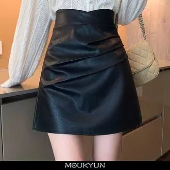 MOUKYUN шикарная уличная юбка в стиле панк, женская плиссированная юбка из искусственной кожи с разрезом нерегулярной формы Za, женские юбки трапециевидной формы с высокой талией 36 чёрный