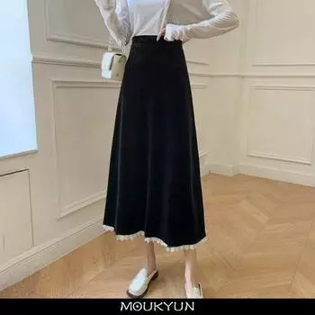 Шикарные юбки до середины икры, женские осенние ретро, простая кружевная лоскутная юбка с эластичной резинкой на талии, корейская универсальная модная женская юбка Faldas One Size чёрный