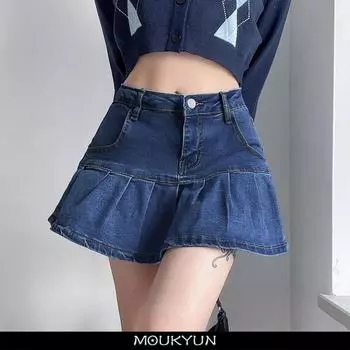 MOUKYUN Синяя джинсовая юбка с оборками Harajuku Y2K Джинсы Шорты Юбка Мини-женская с высокой талией Низ Женские повседневные плиссированные юбки 36 синий