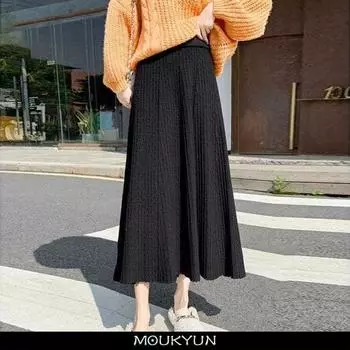 MOUKYUN трикотажная длинная юбка макси женская осень-зима повседневная однотонная толстая теплая трапециевидная юбка длиной до щиколотки с высокой талией женская Faldas One Size чёрный