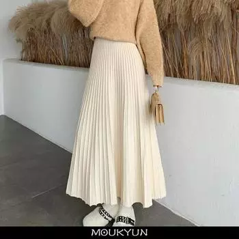 Трикотажные длинные юбки макси женские осень-зима повседневные однотонные толстые теплые юбки А-силуэта с высокой талией длиной до щиколотки женские One Size абрикосовый