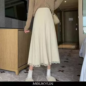 MOUKYUN трикотажная кружевная юбка женская осень с высокой талией кружевной лоскутный дизайн винтаж Y2k Faldas корейская мода универсальные юбки миди