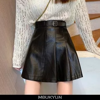 MOUKYUN уличная одежда бежевые плиссированные юбки женские винтажные зимние шорты из искусственной кожи с высокой талией юбка мини-юбки с поясом в стиле Харадзюку 34 чёрный