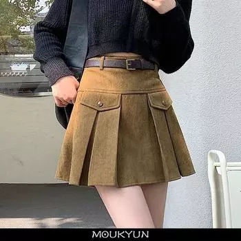 MOUKYUN вельветовая плиссированная юбка с поясом, женская Y2K с высокой талией, корейская модная юбка трапециевидной формы, женские облегающие юбки в готическом стиле 34 чёрный