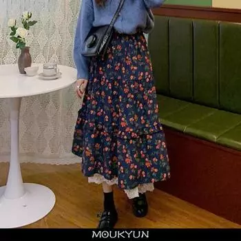 Вельветовая юбка-миди с цветочным принтом, женские темно-синие, коричневые юбки с цветочным принтом, корейские кавайные кружевные оборки, винтажные элегантные длинные юбки One Size кофейный