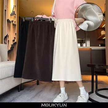 MOUKYUN вельветовые толстые теплые юбки зимние женские свободные юбки до середины икры милые элегантные женские популярные юбки с высокой талией 36 чёрный