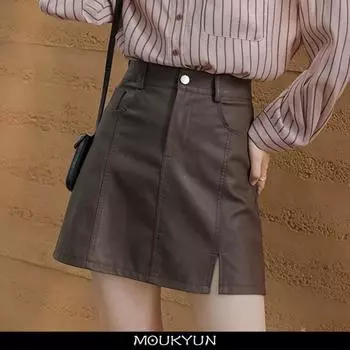 MOUKYUN, весенне-осенняя кожаная юбка, женские корейские модные черные, коричневые юбки трапециевидной формы из искусственной кожи с высокой талией, женские кофейные юбки-миди S кофейный