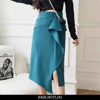 MOUKYUN винтажная хип-юбка женская корейская мода с высокой талией разделенная юбка на один шаг женские офисные черные нерегулярные юбки-миди 36 чёрный