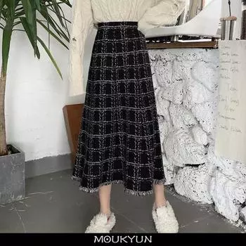Винтажная клетчатая шерстяная юбка женская корейская элегантная длинная юбка с кисточками женская свободная юбка миди с высокой талией в стиле Харадзюку Faldas One Size чёрный