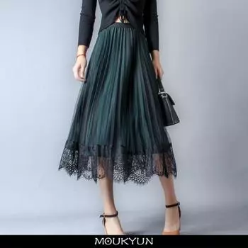 MOUKYUN винтажная кружевная газовая женская юбка, осенние корейские элегантные свободные юбки миди с высокой талией, женские юбки с цветочным принтом One Size чёрный