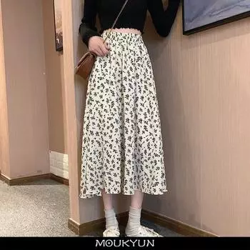 MOUKYUN винтажная плиссированная длинная юбка трапециевидной формы с цветочным принтом, летняя женская корейская юбка, уличная юбка миди с эластичной резинкой на талии One Size чёрный